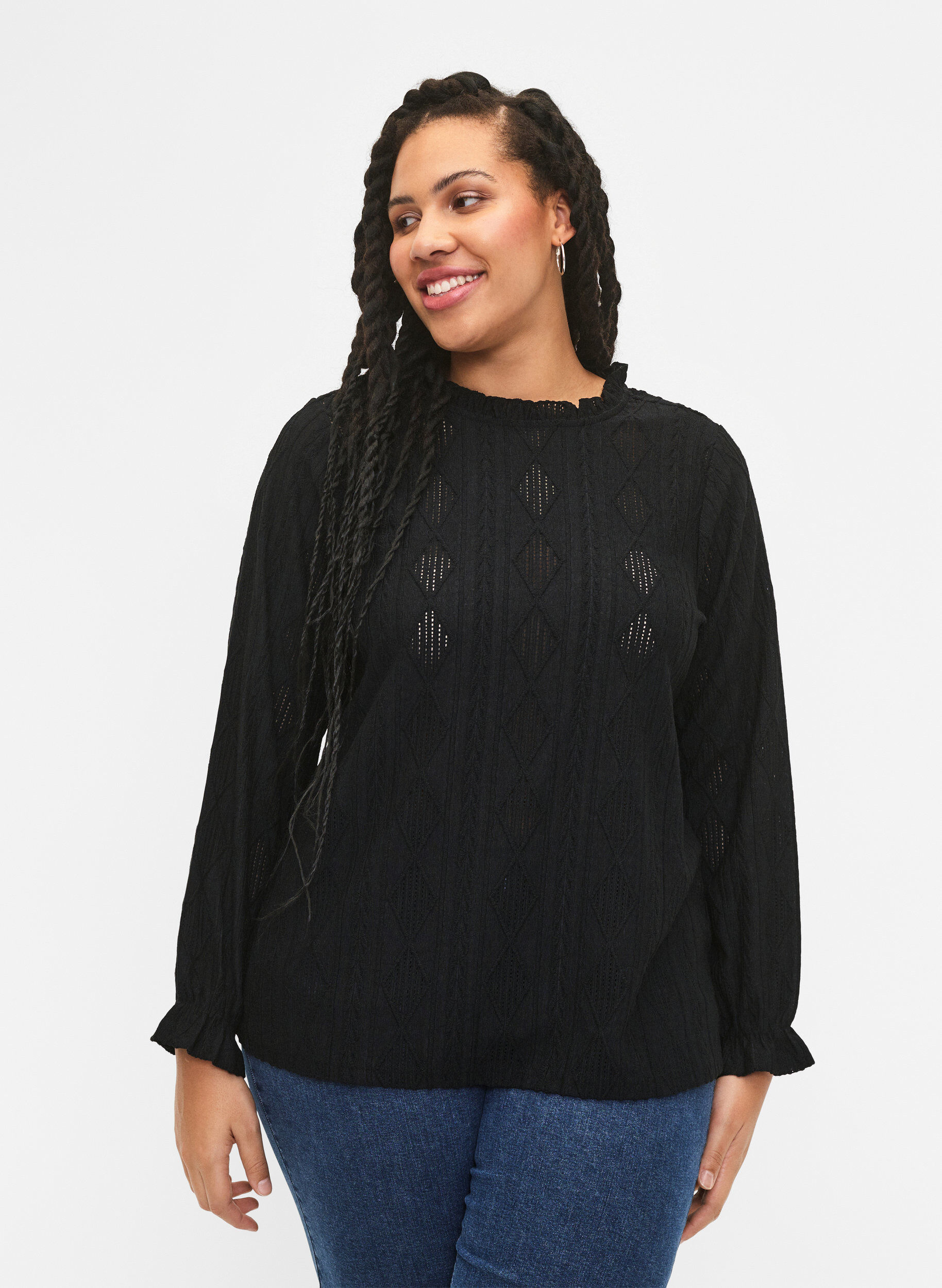 Zizzi Blouse met ruches en ton-sur-ton-patroon, Black, Model image number 0