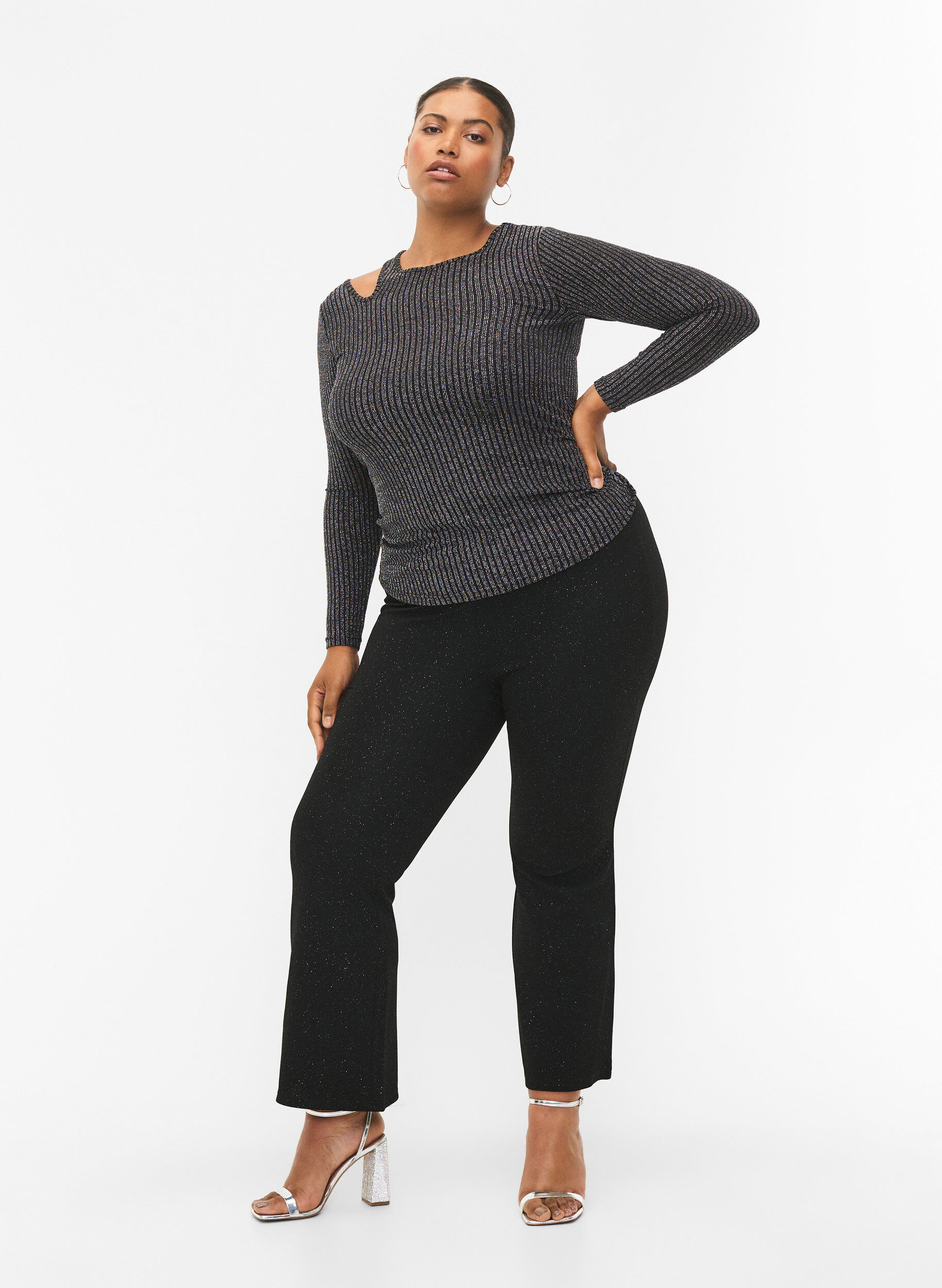 Zizzi Uitgesneden blouse met lange mouwen en glitter, B. w. Silver Stripes, Model image number 3