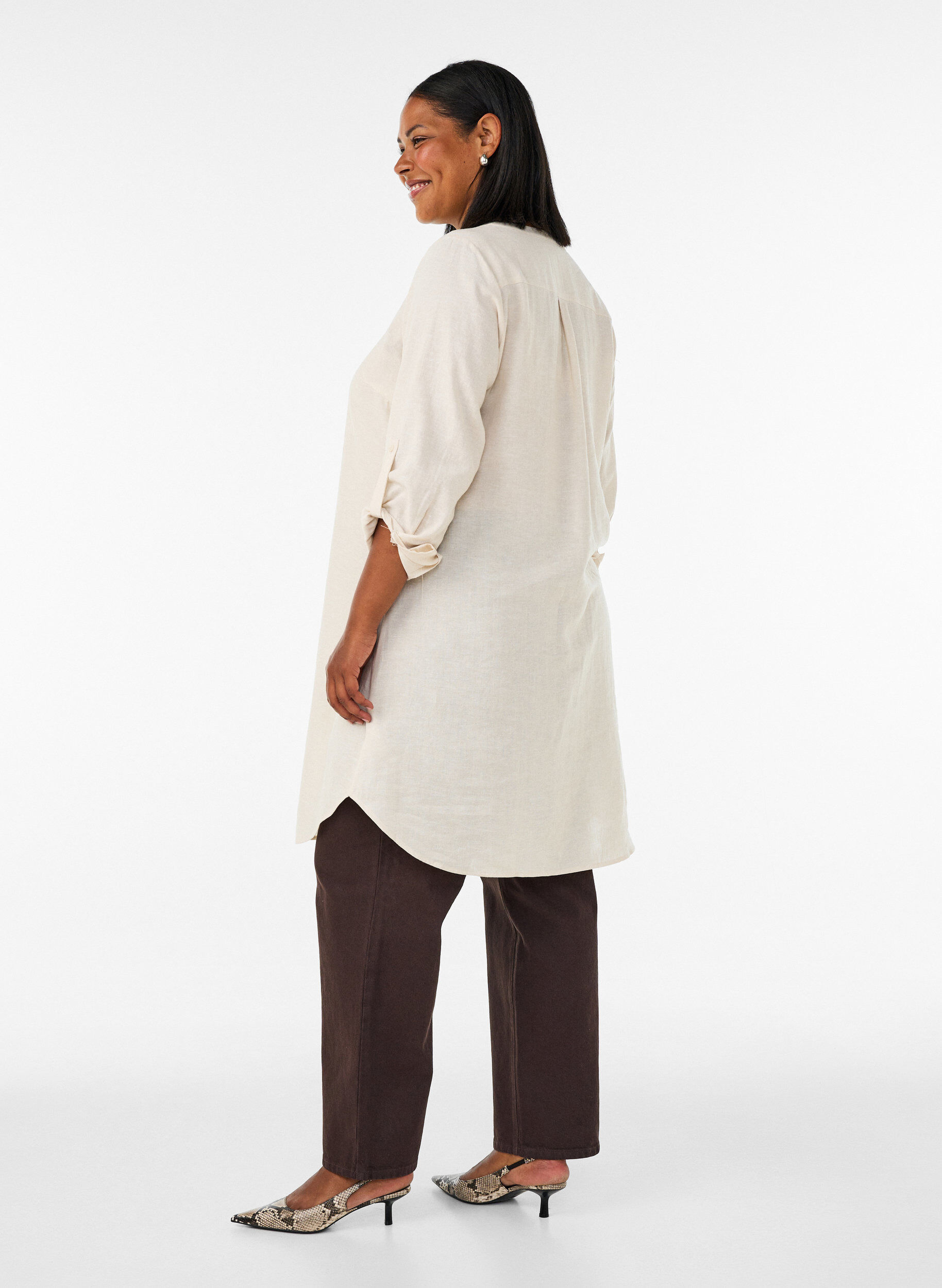 ZizziLang shirt in linnen en viscose, Beige, Model image number 2