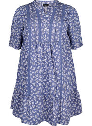 Korte viscose jurk met kanten rand en A-lijn snit, M. Blue Flower AOP