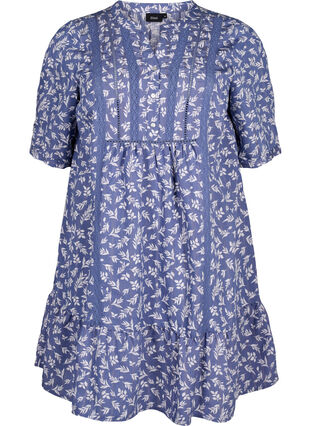 Korte viscose jurk met kanten rand en A-lijn snit, M. Blue Flower AOP, Packshot image number 0