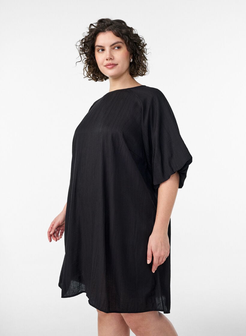 Korte viscose jurk met ballonmouwen, Zwart, Model image number 1