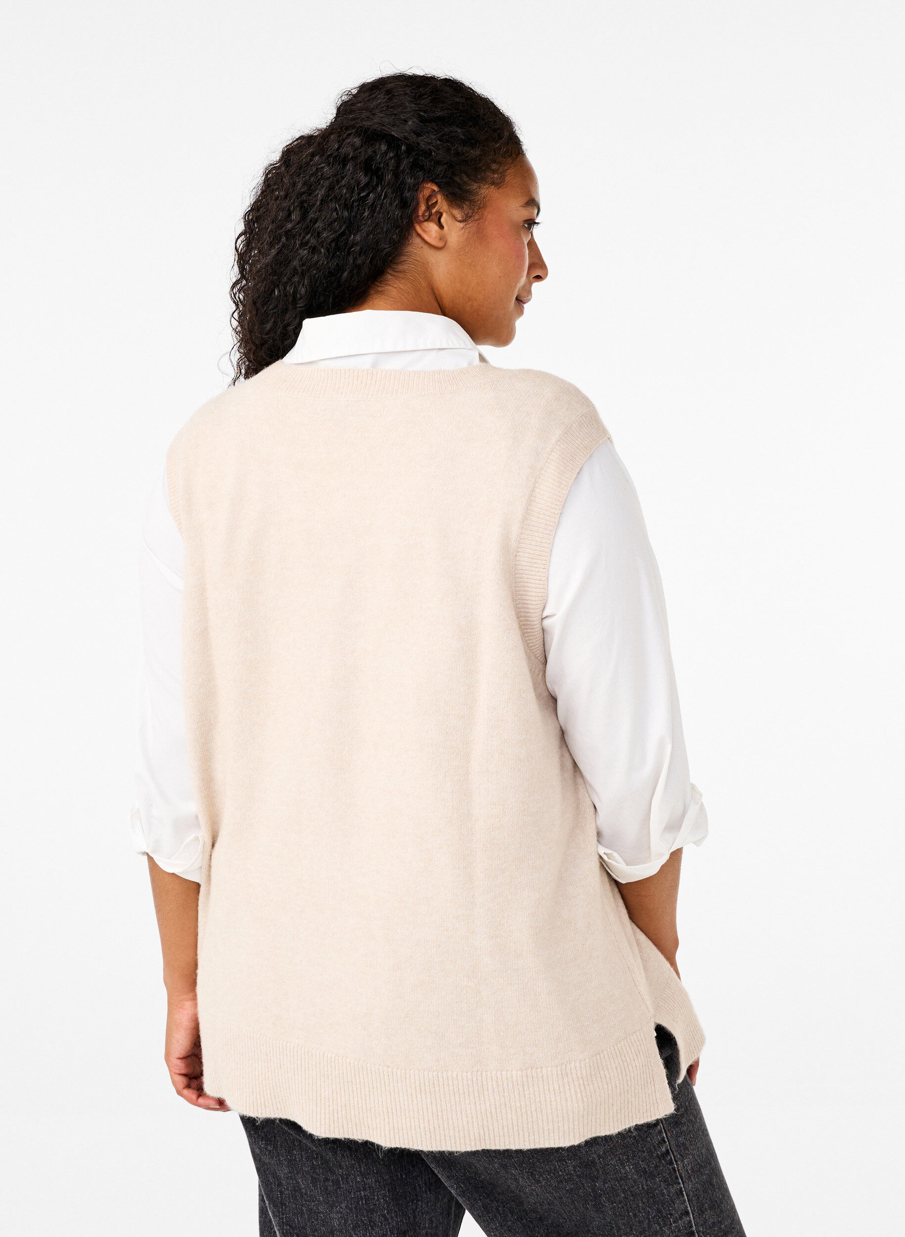 Zizzi Gebreid vest met geribde rand, Pumice Stone Mel., Model image number 1