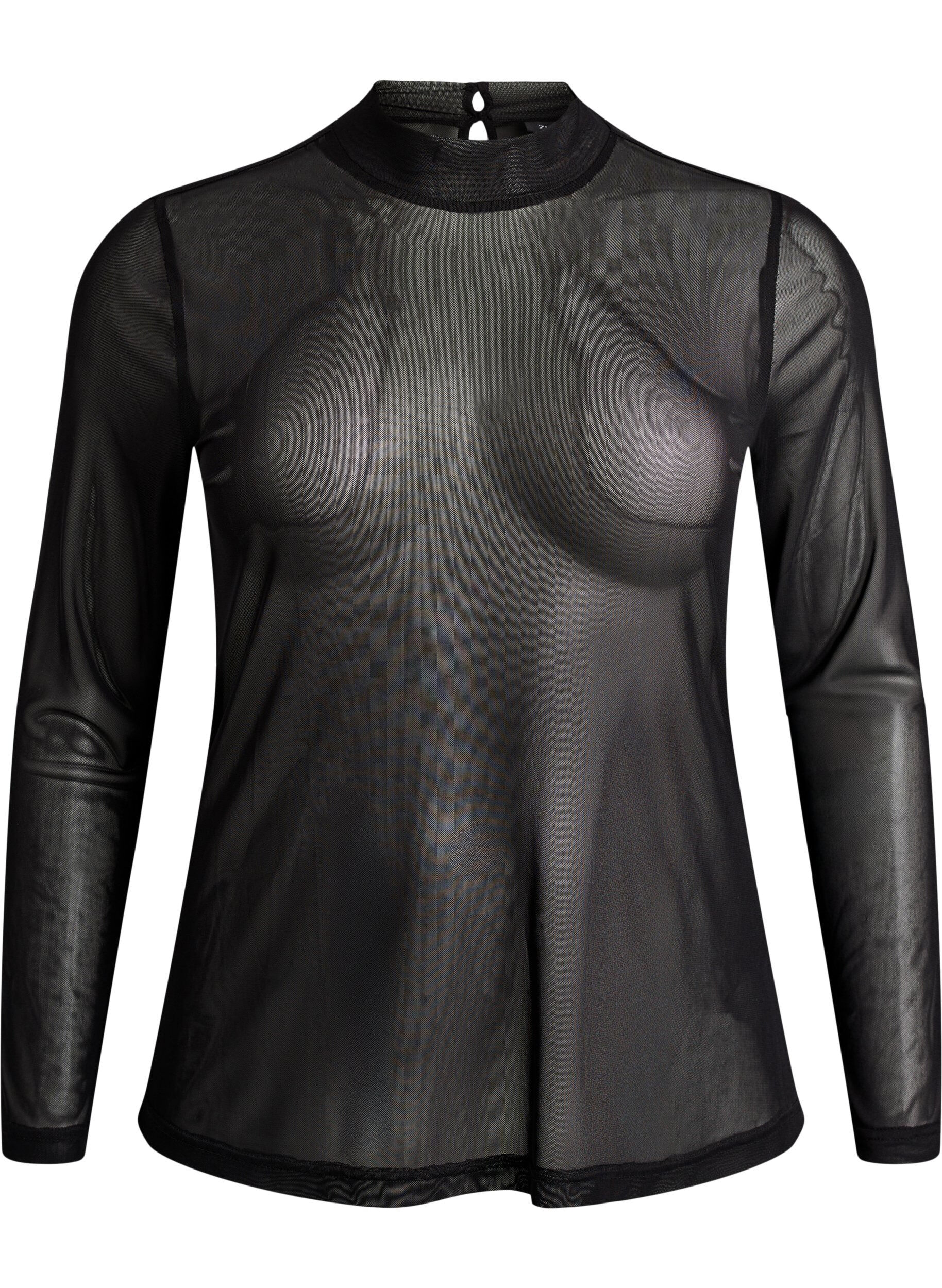 ZizziGetailleerde blouse van mesh met lange mouwen, Zwart, Packshot image number 0