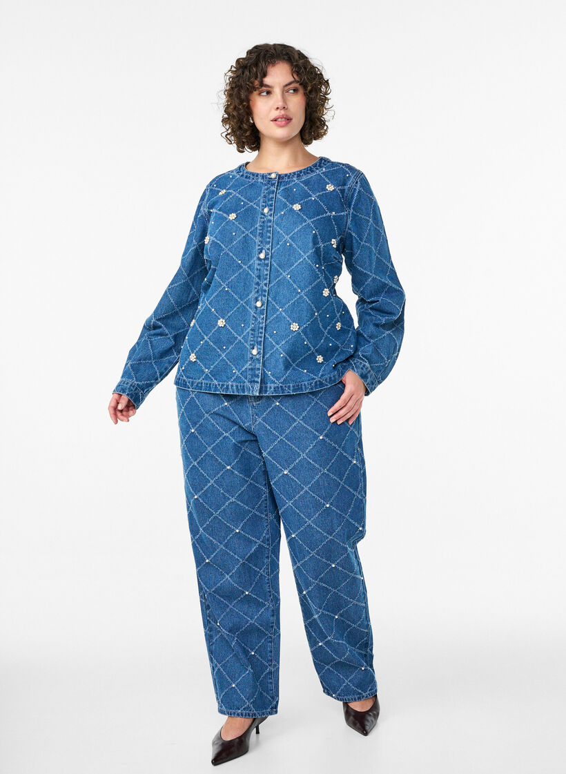 Kiana jeans met een hoge taille en distressed patroon, Blauw, Model image number 0