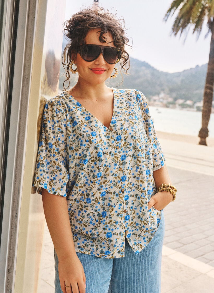 Katoenen shirt met korte mouwen en een V-hals, Blauw, Image image number 0