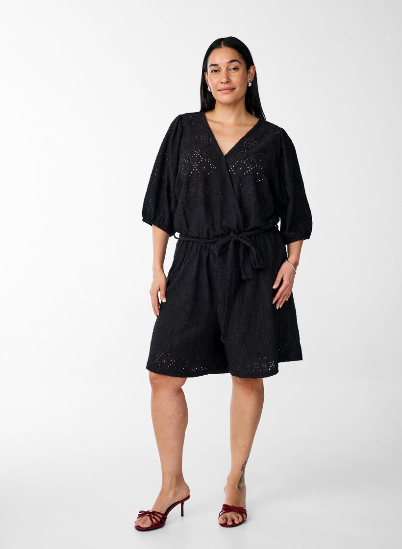 Playsuit met korte mouwen en strik, Black, Model image number 2