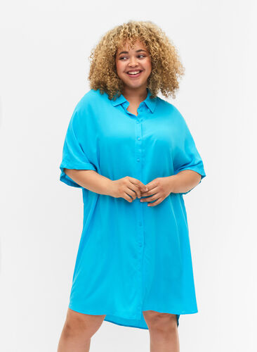 Lang overhemd in viscose, Blue Atoll, Model image number 0
