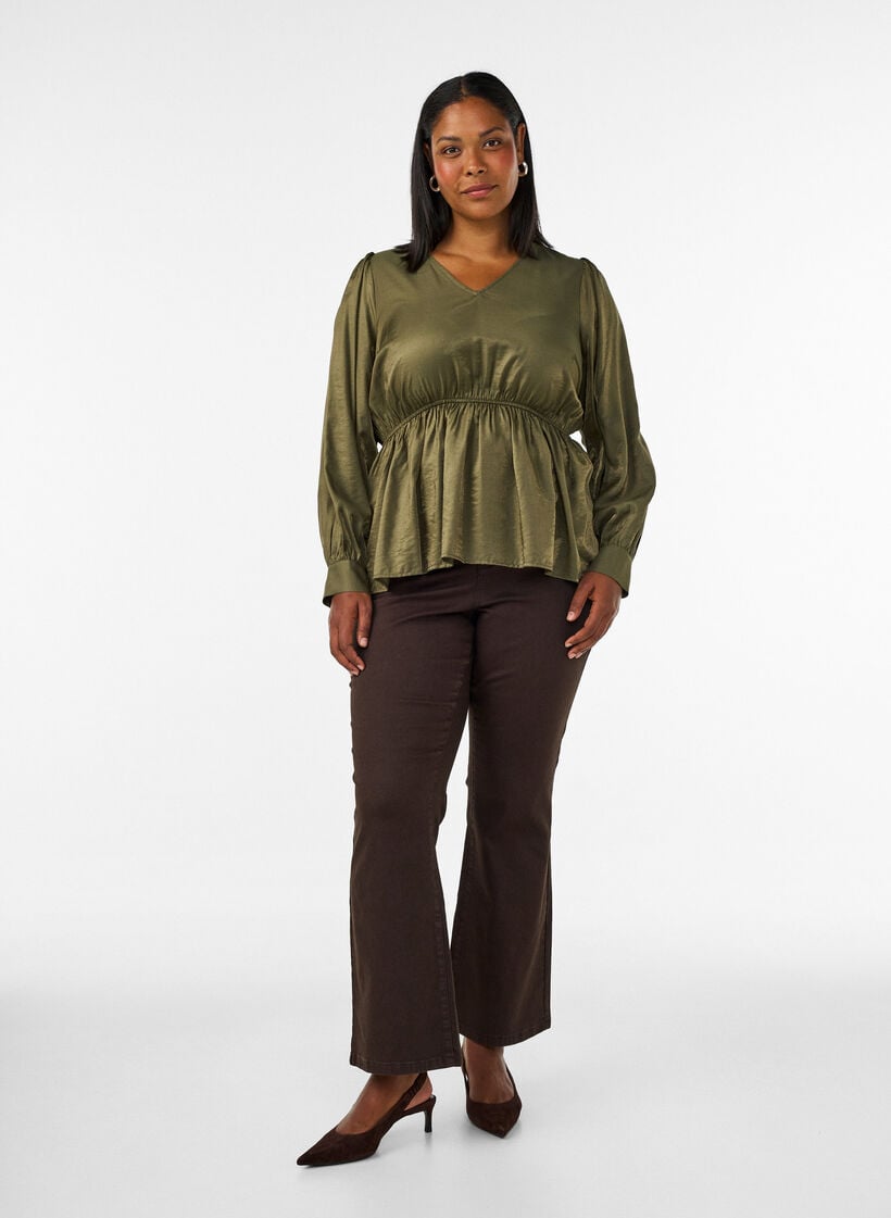 Glanzende viscose blouse met peplumeffect, Groen, Model image number 1