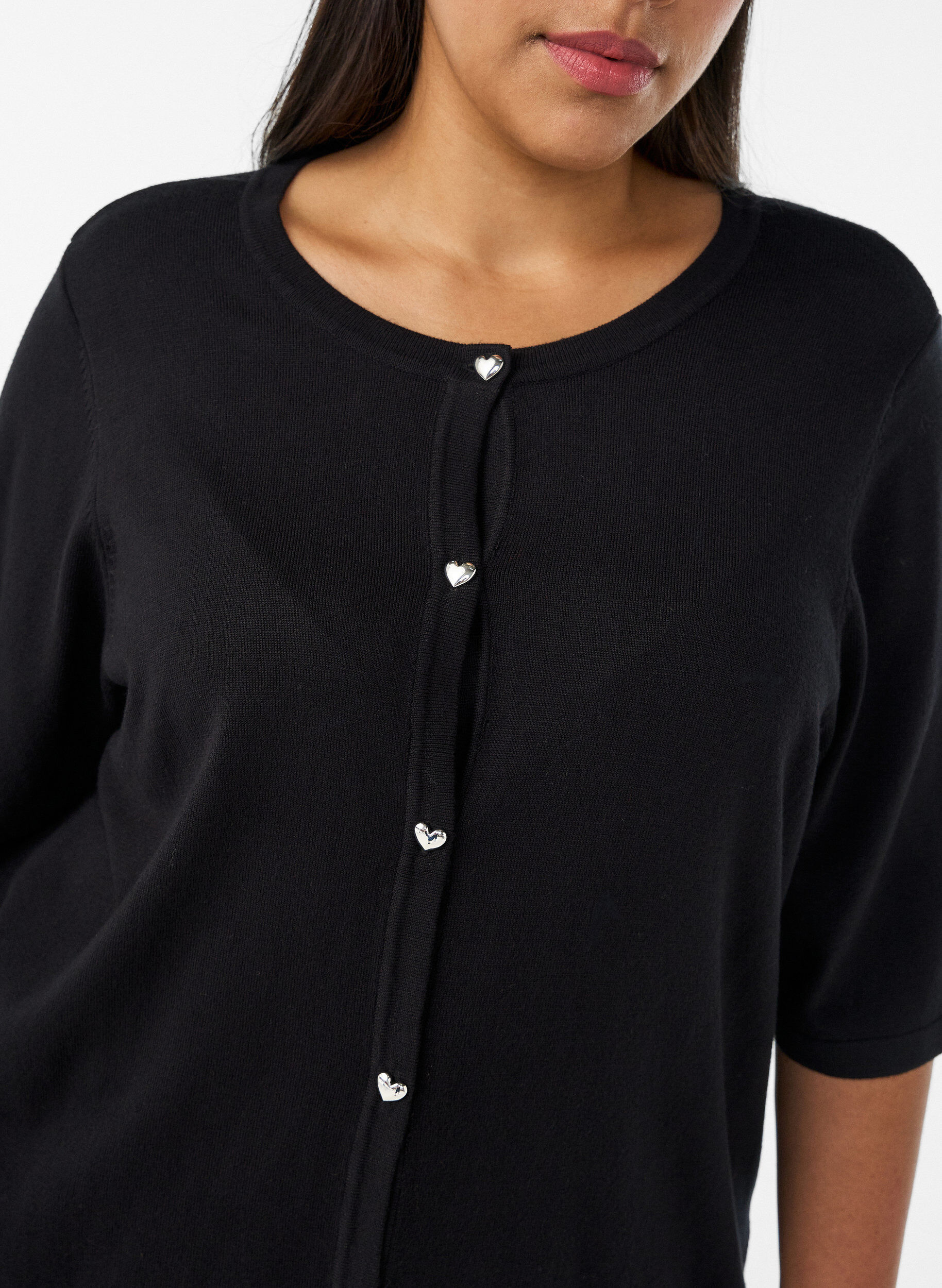 ZizziGebreid vest met hartvormige knopen en korte mouwen, Zwart, Model image number 3