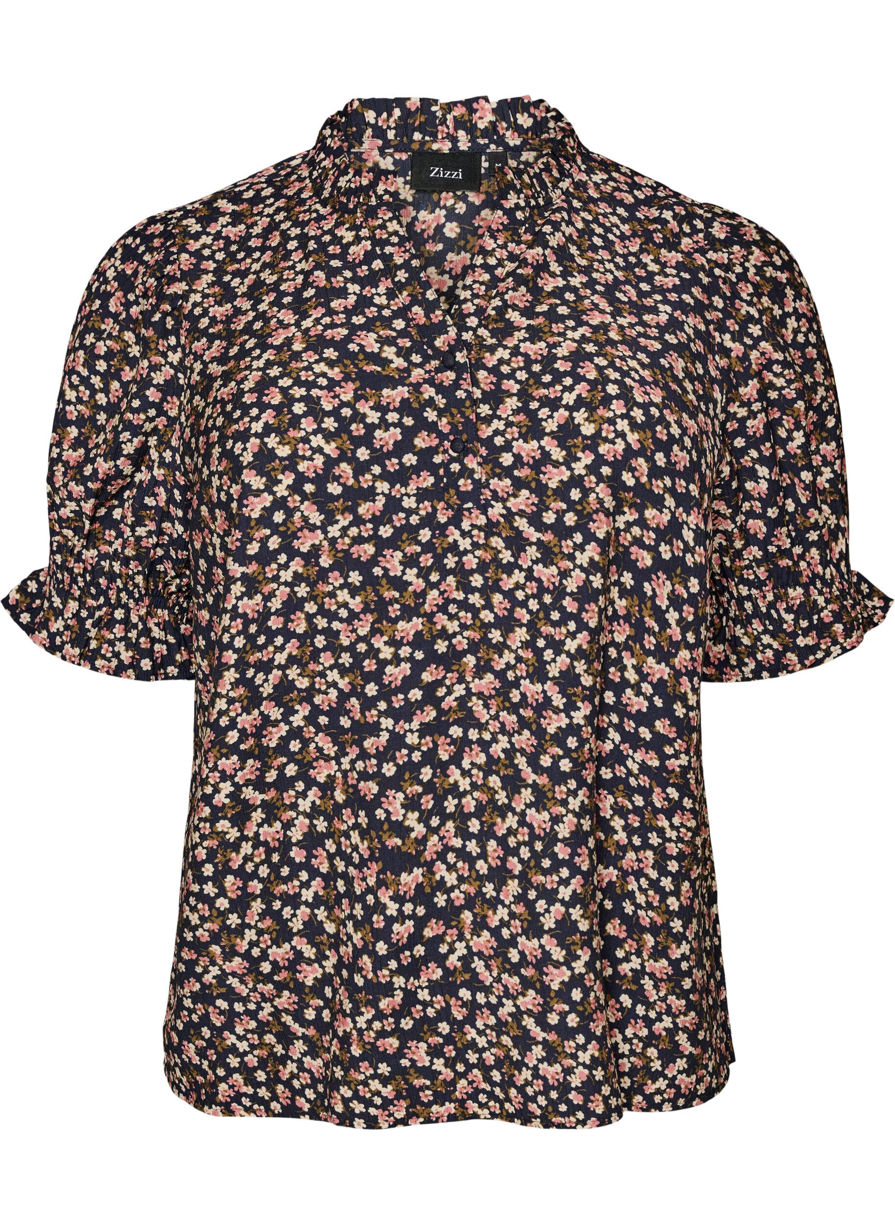 ZizziBlouse van viscose met bloemenprint, korte mouwen en smockdetails, Blauw, Packshot image number 0