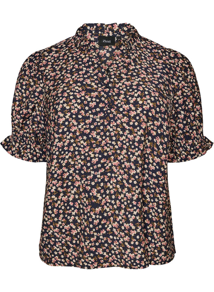 Blouse van viscose met bloemenprint, korte mouwen en smockdetails, Blauw, Packshot image number 0