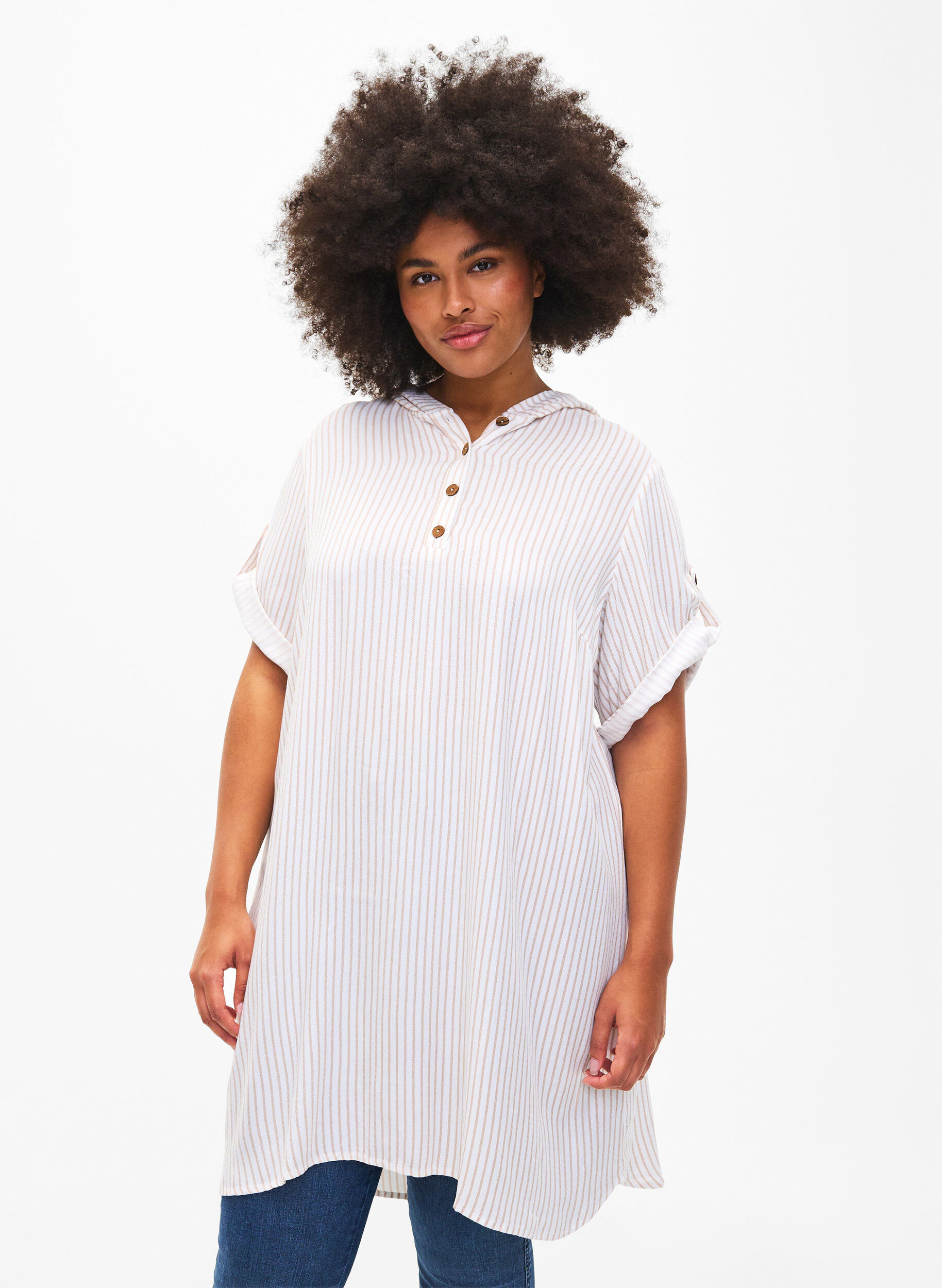 Zizzi Tuniek van viscose met korte mouwen en capuchon, White Natural Stripe, Model image number 0