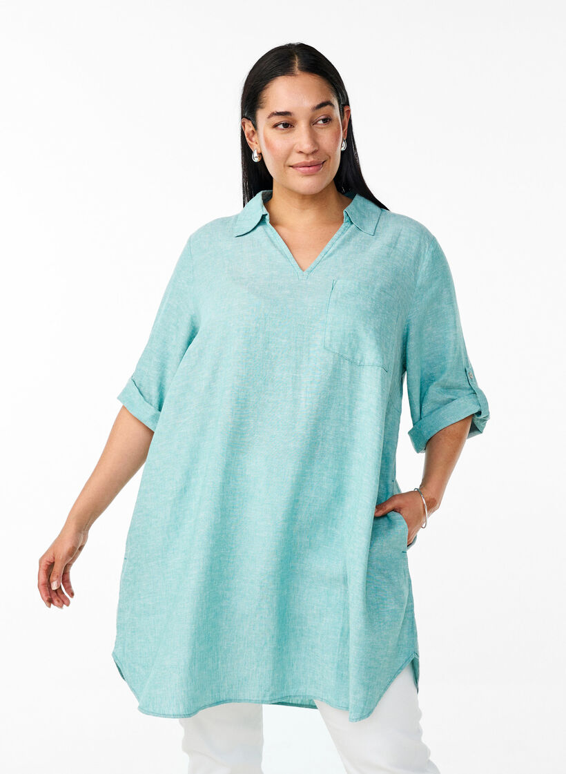 Tuniek van linnen en viscose met A-vorm, Blauw, Model image number 0