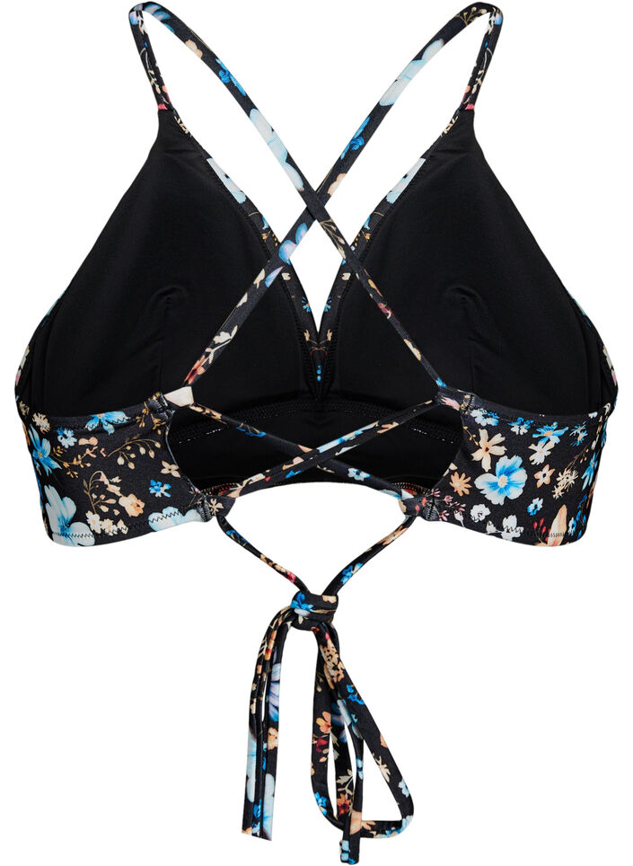 Bloemenbikini top met striksluiting aan de achterkant, Blauw, Packshot image number 1