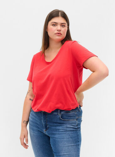 Basic t-shirt in effen kleur met katoen, Hibiscus, Model image number 0