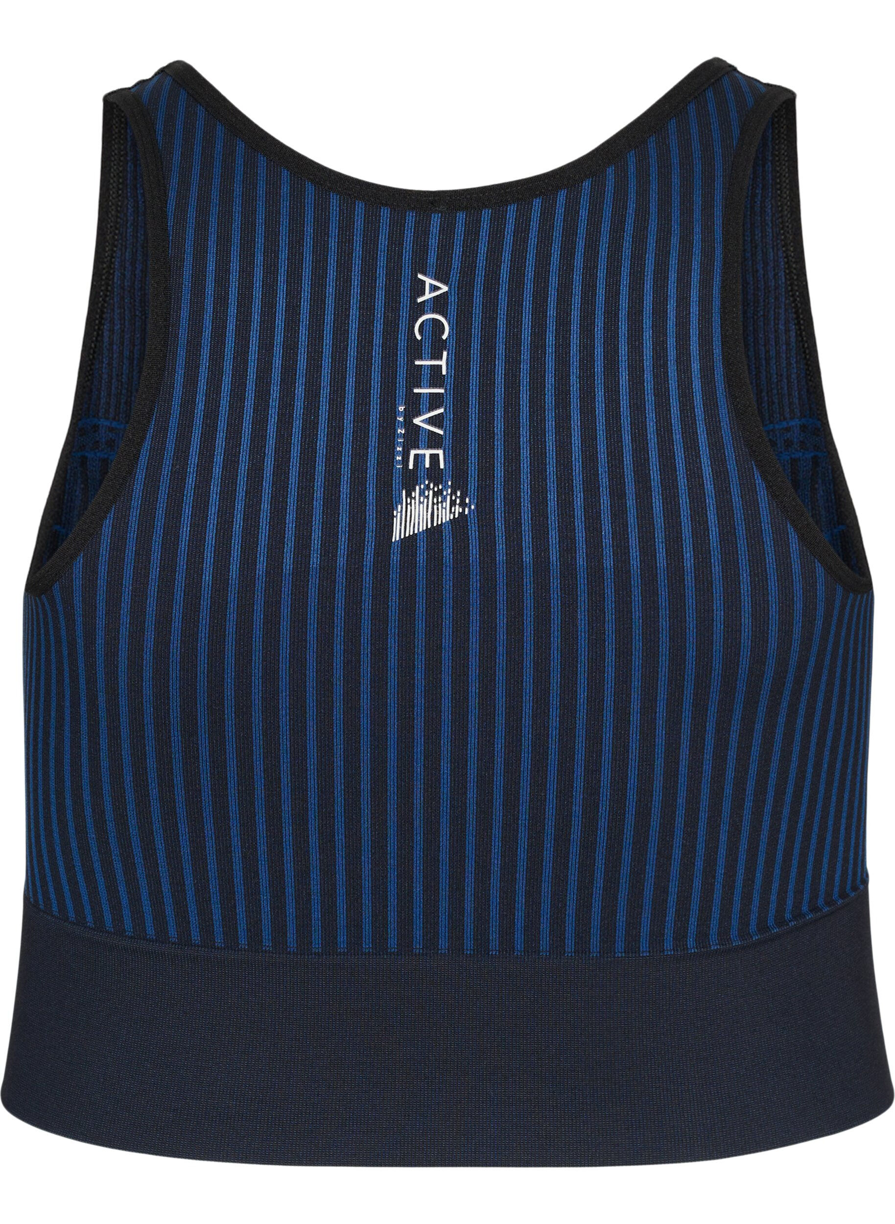 Zizzi Naadloze sportbeha met strepen, Black w. Blue Depths, Packshot image number 1