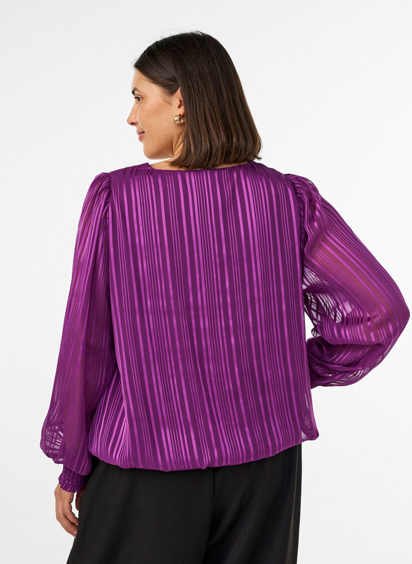 Gestreepte blouse met ballonvorm, Paars, Model image number 2
