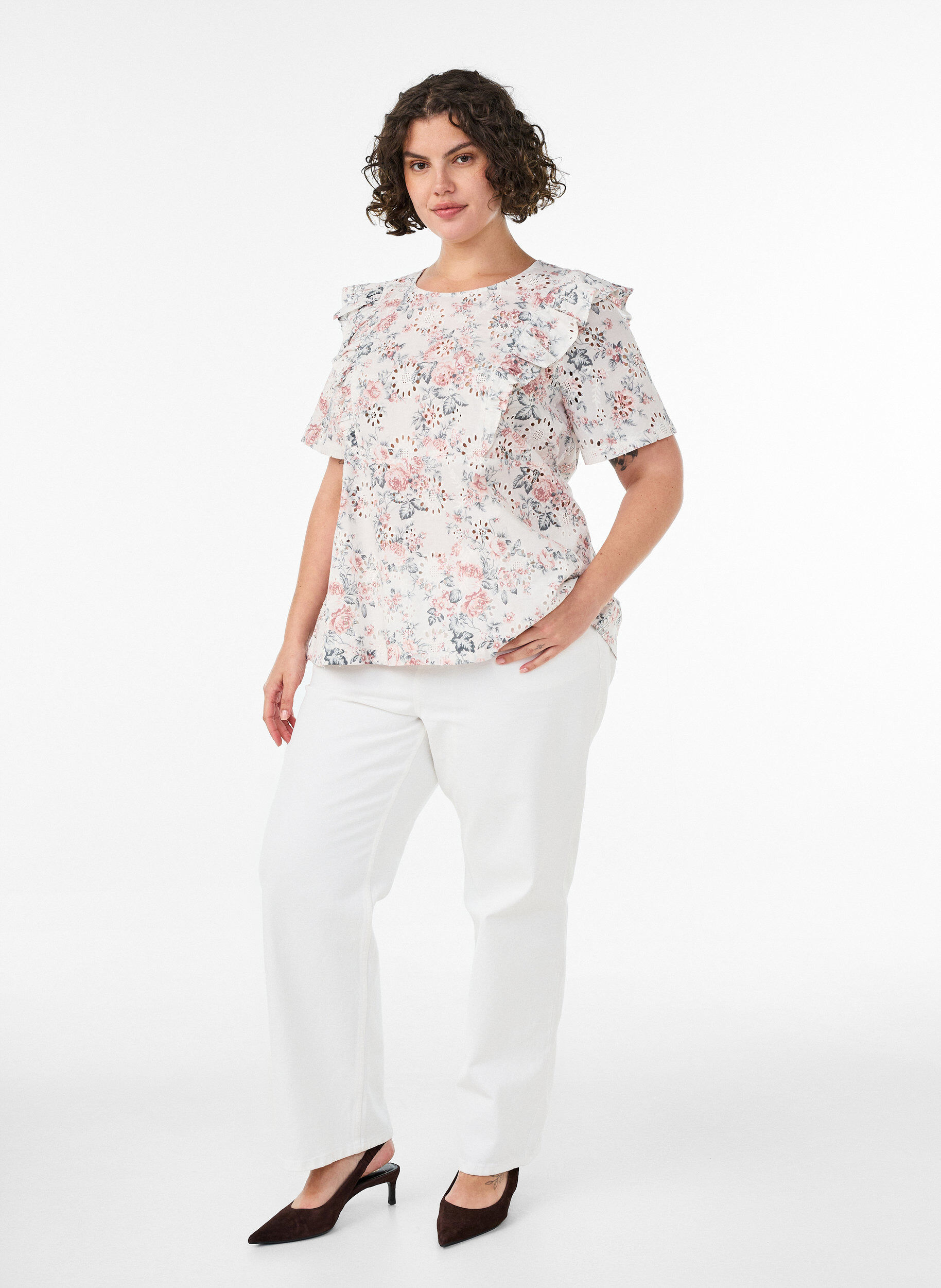 ZizziKatoenen blouse met broderie anglaise en ruches, Rood, Model image number 1