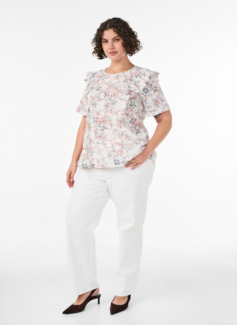 Katoenen blouse met broderie anglaise en ruches, Rood, Model image number 1