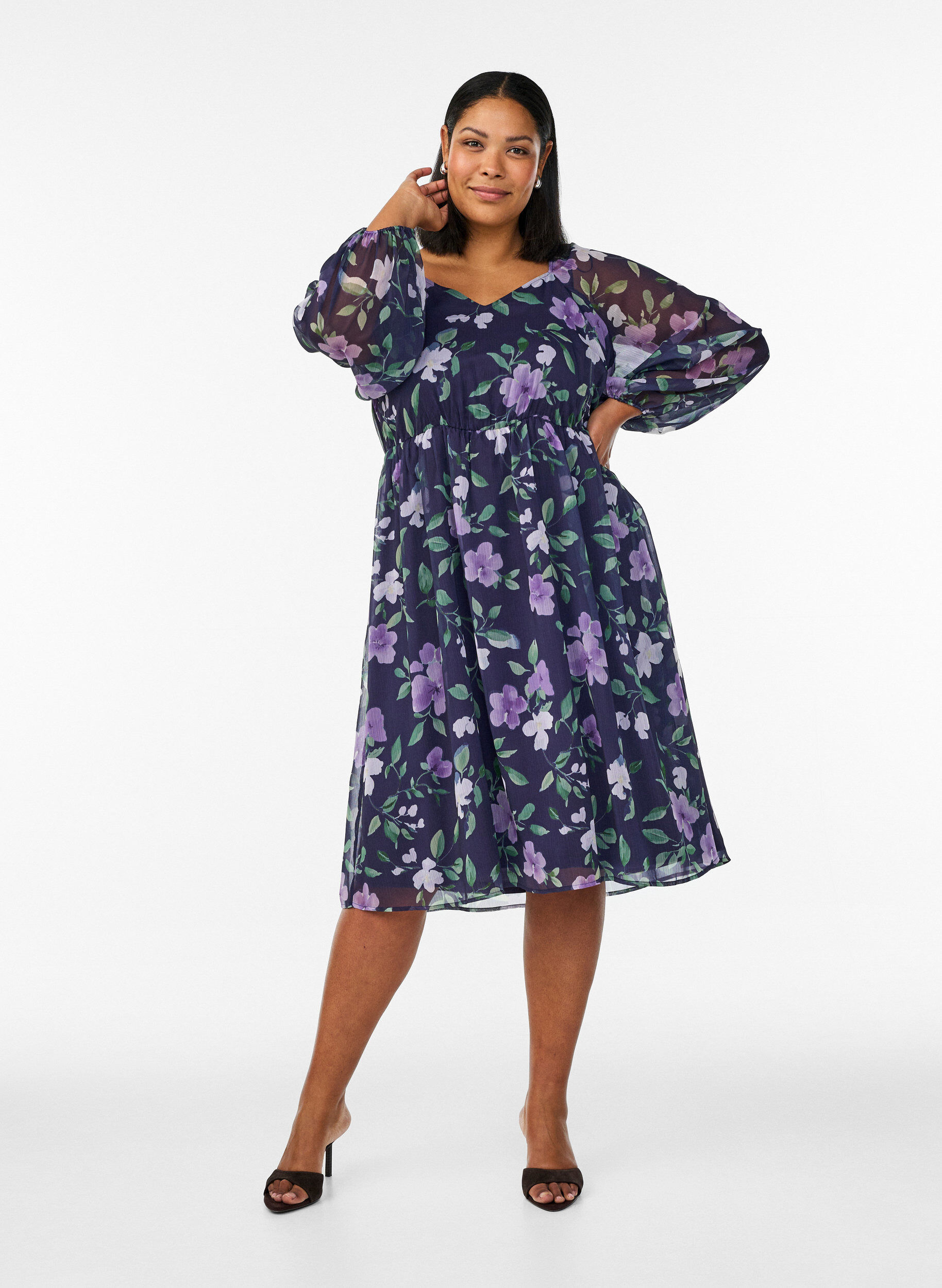 ZizziChiffon feestjurk met lange mouwen, Blauw, Model image number 1