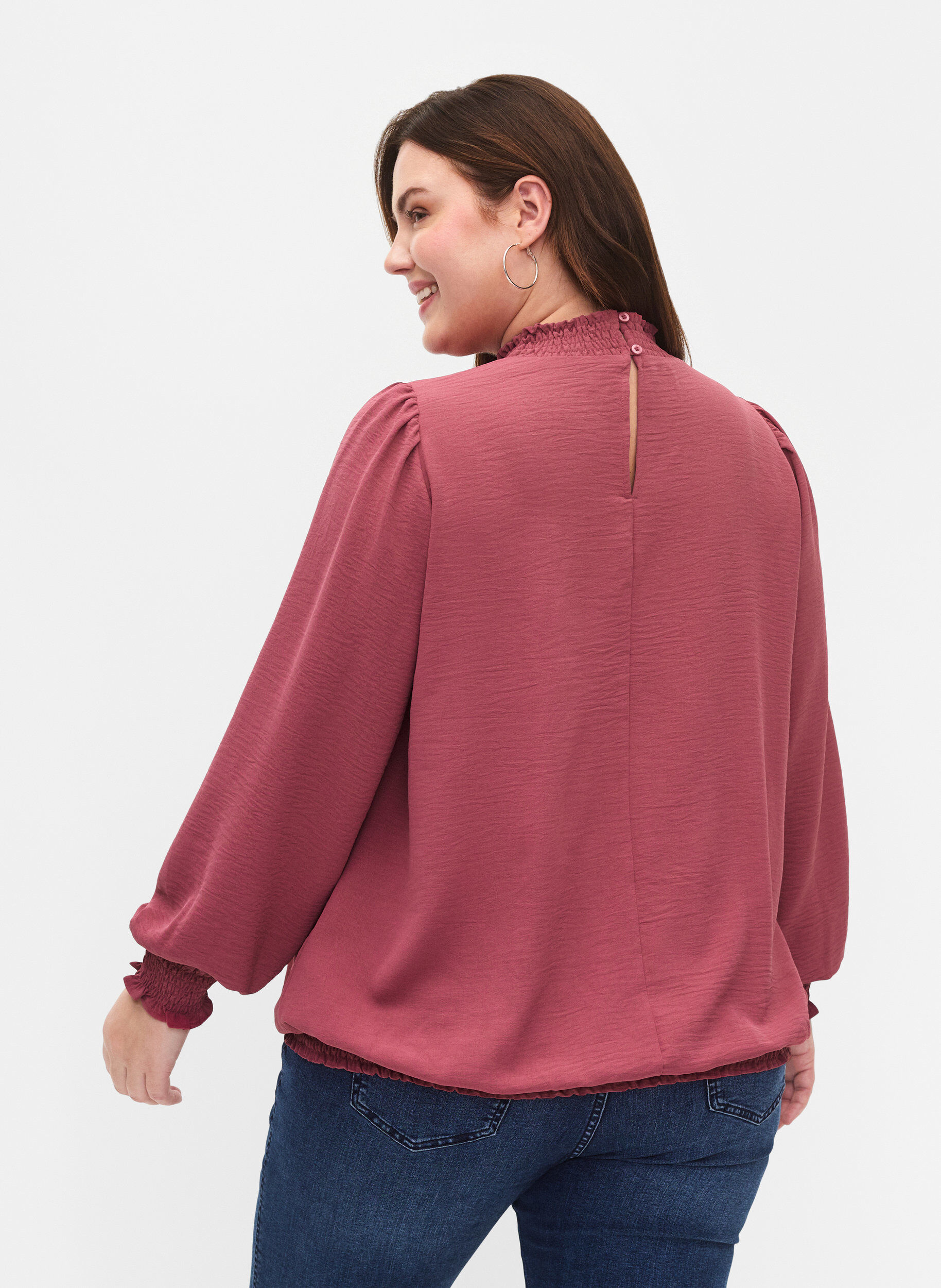 Zizzi Effen smok blouse met lange mouwen, Dry Rose, Model image number 1