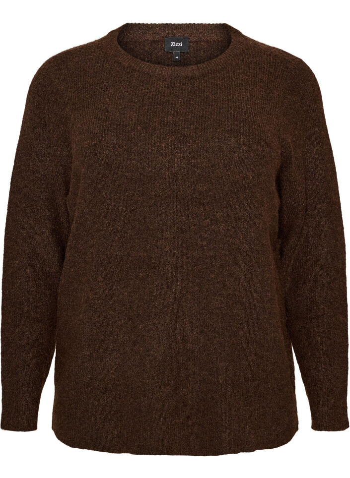 Gem&ecirc;leerde gebreide blouse met ronde hals, Bruin, Packshot image number 0