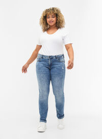 Emily jeans met normale taille en destroy, Blue denim, Model