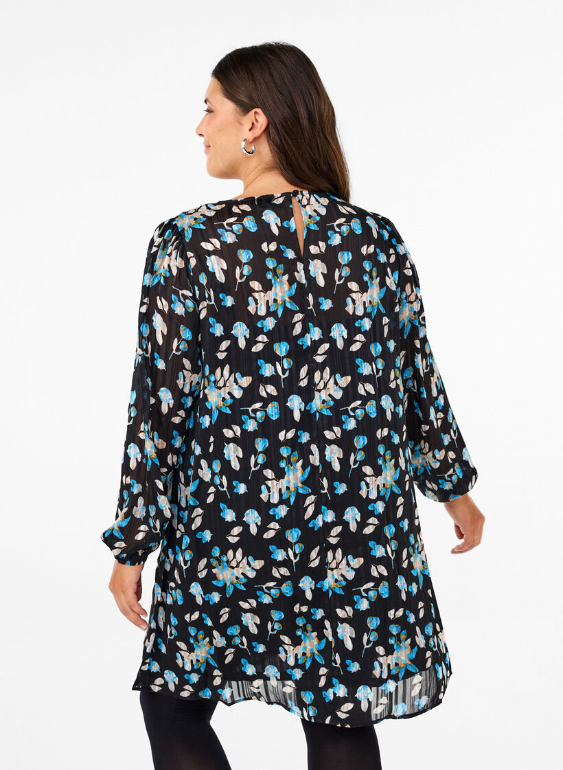 Korte jurk met print en een ronde hals, Black Blue Fl. AOP, Model image number 1