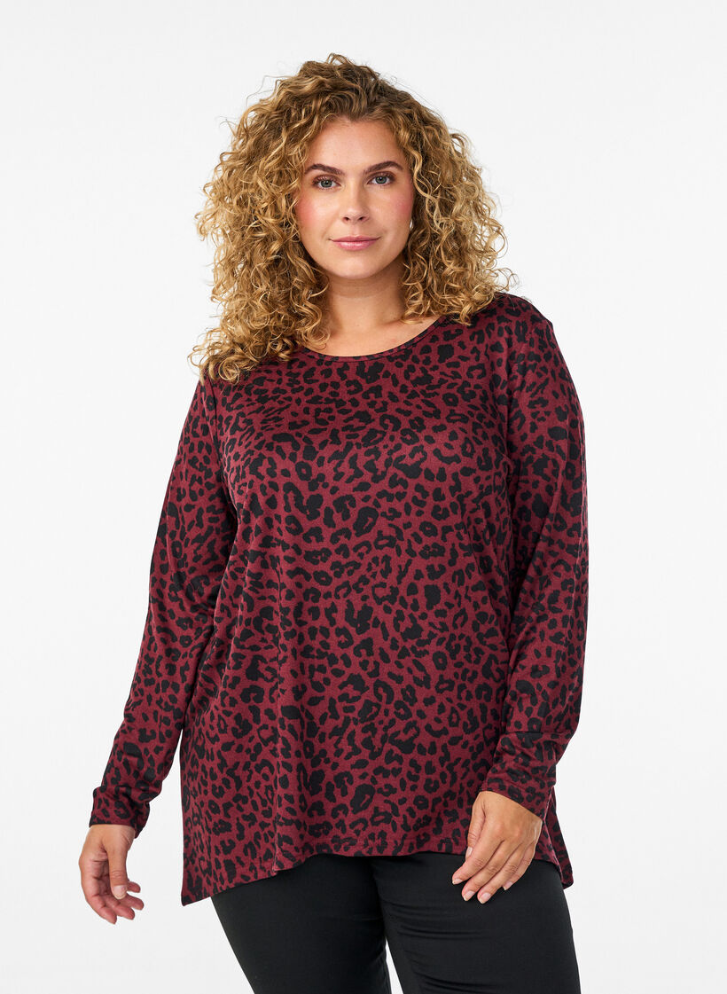 Luipaardprint blouse met lange mouwen, Donker Bordeaux, Model image number 0