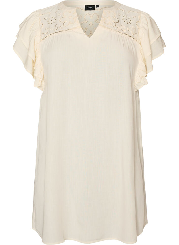 Tunic met broderie anglaise en mouwen met ruches, Beige, Packshot image number 0