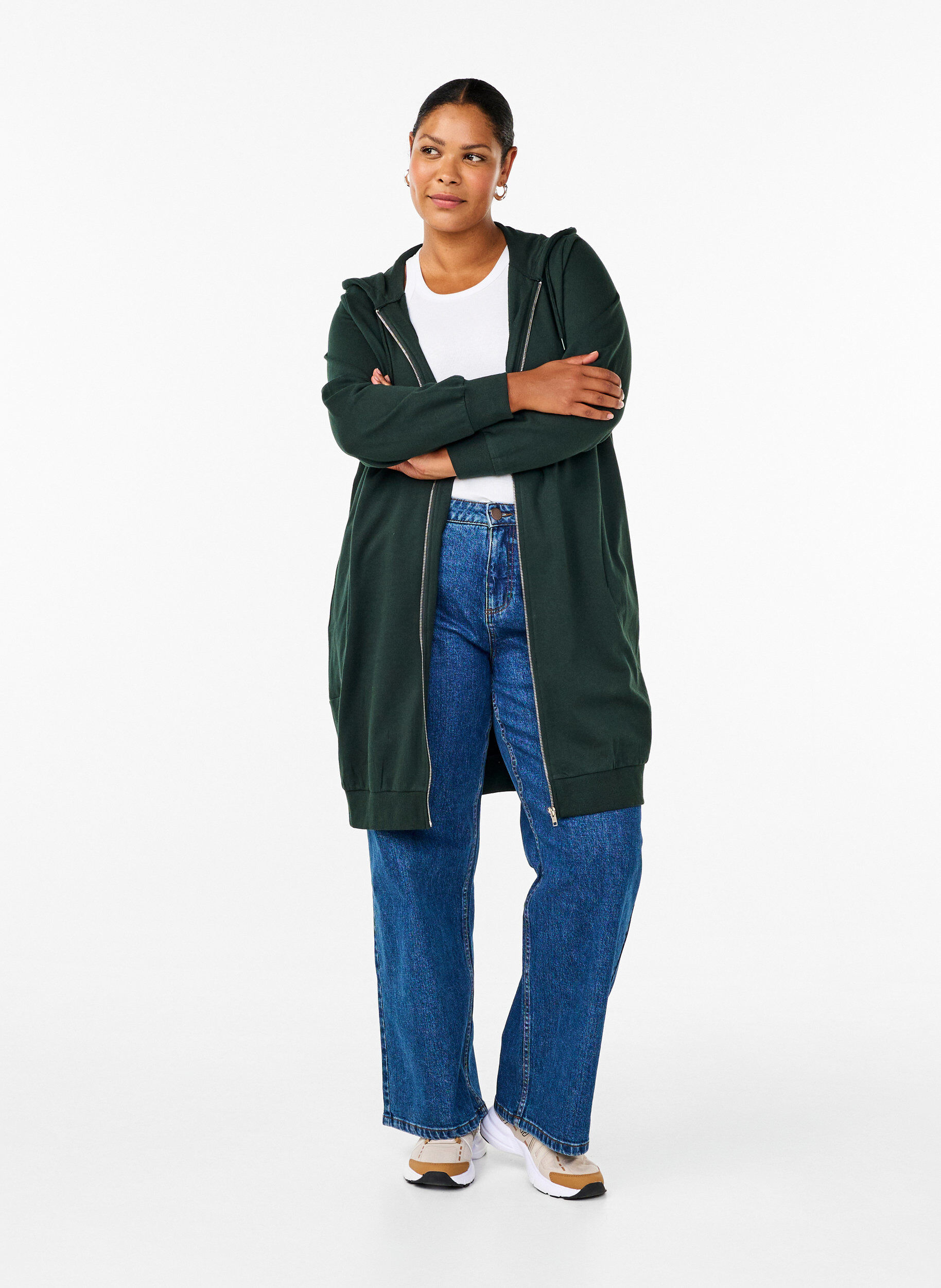 Zizzi Lang katoenen vest van sweatstof met capuchon, Groen, Model image number 1