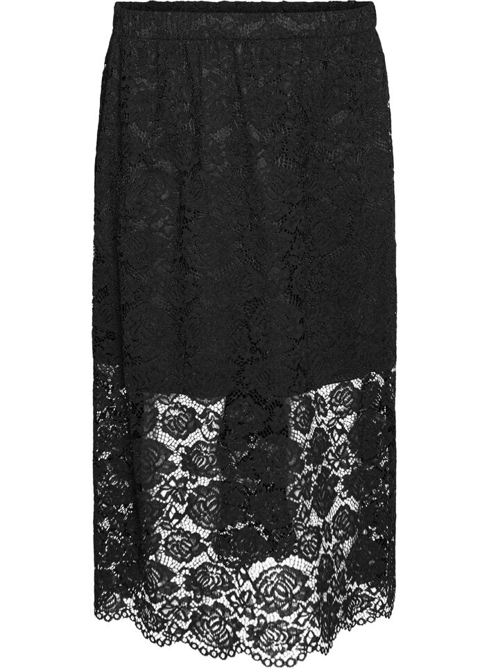 Kanten midirok met een elastische tailleband, Zwart, Packshot image number 0