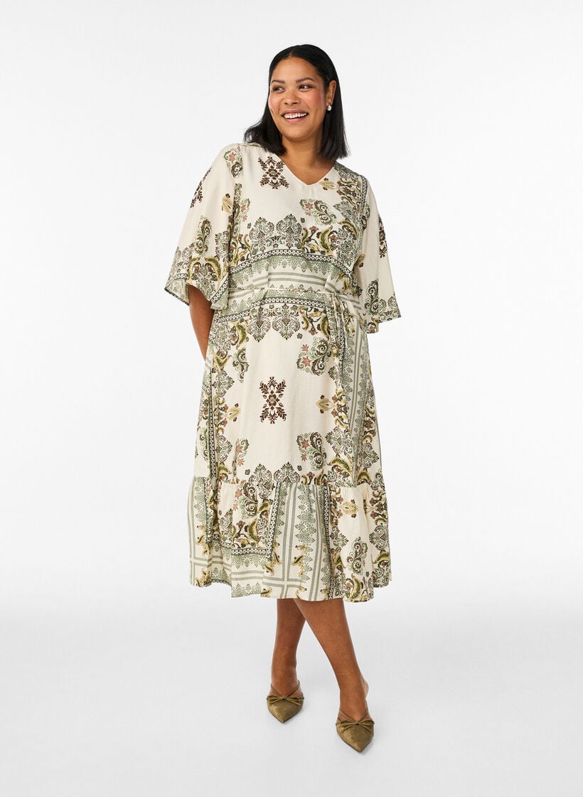 Gedessineerde midi jurk in viscose met strikceintuur, Groen, Model image number 0