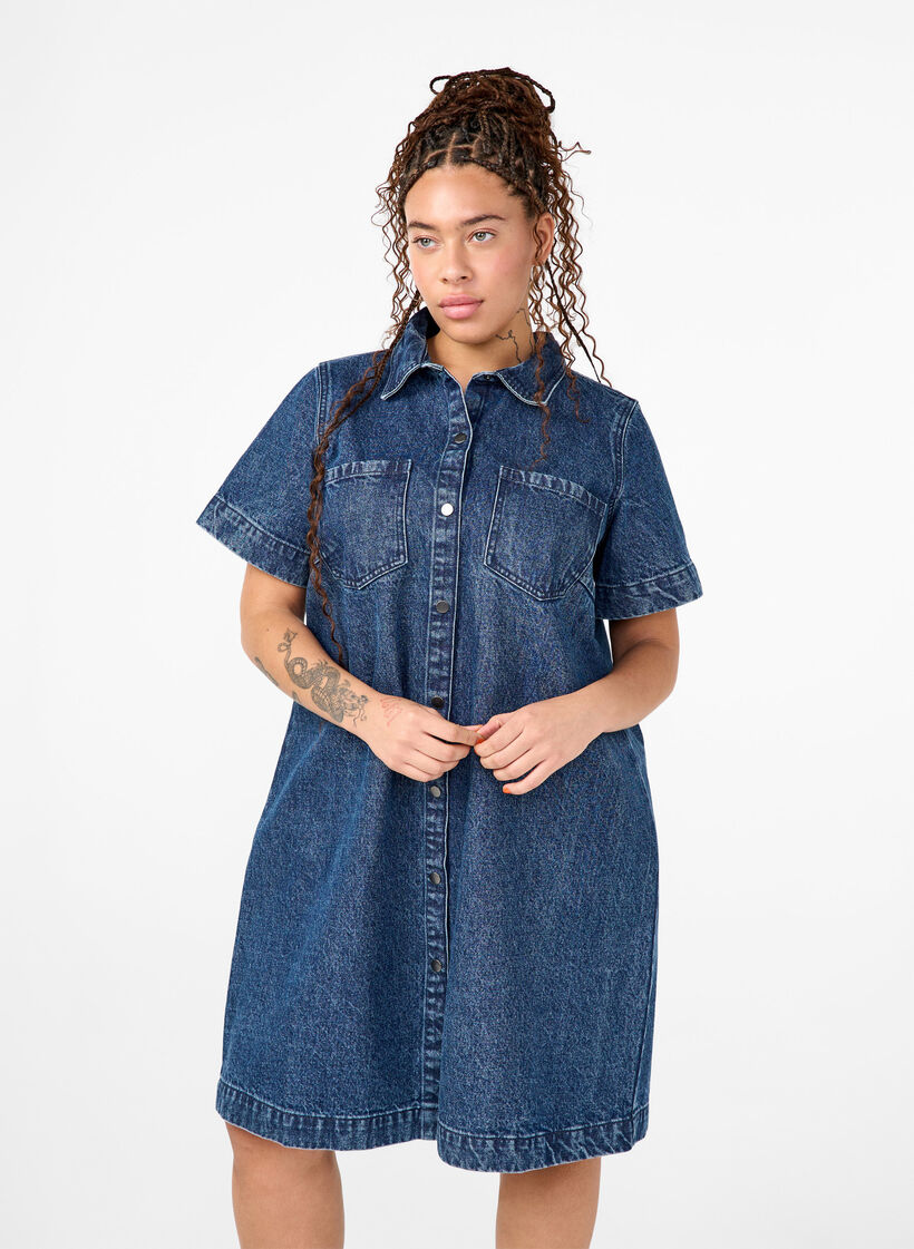 Lang denim shirt met korte mouwen, Blue Denim, Model image number 0