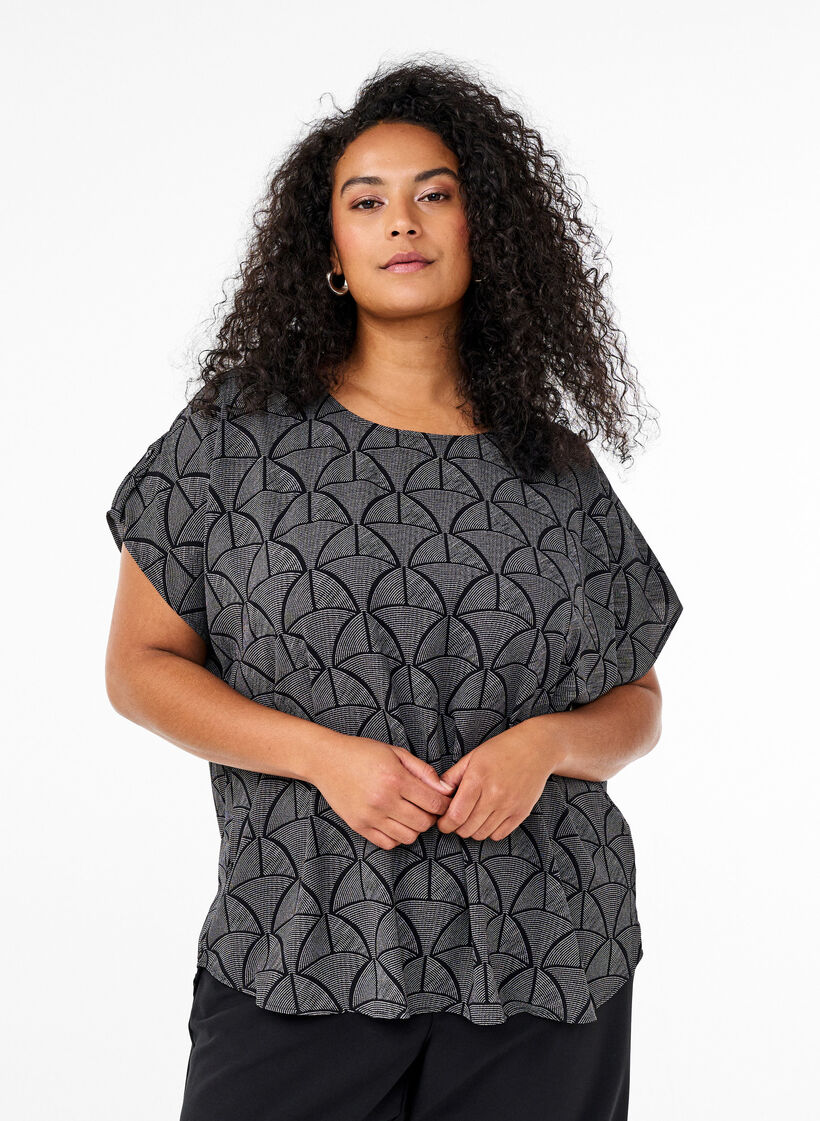 Blouse met korte mouwen en print, Black Grey Graphic , Model image number 0