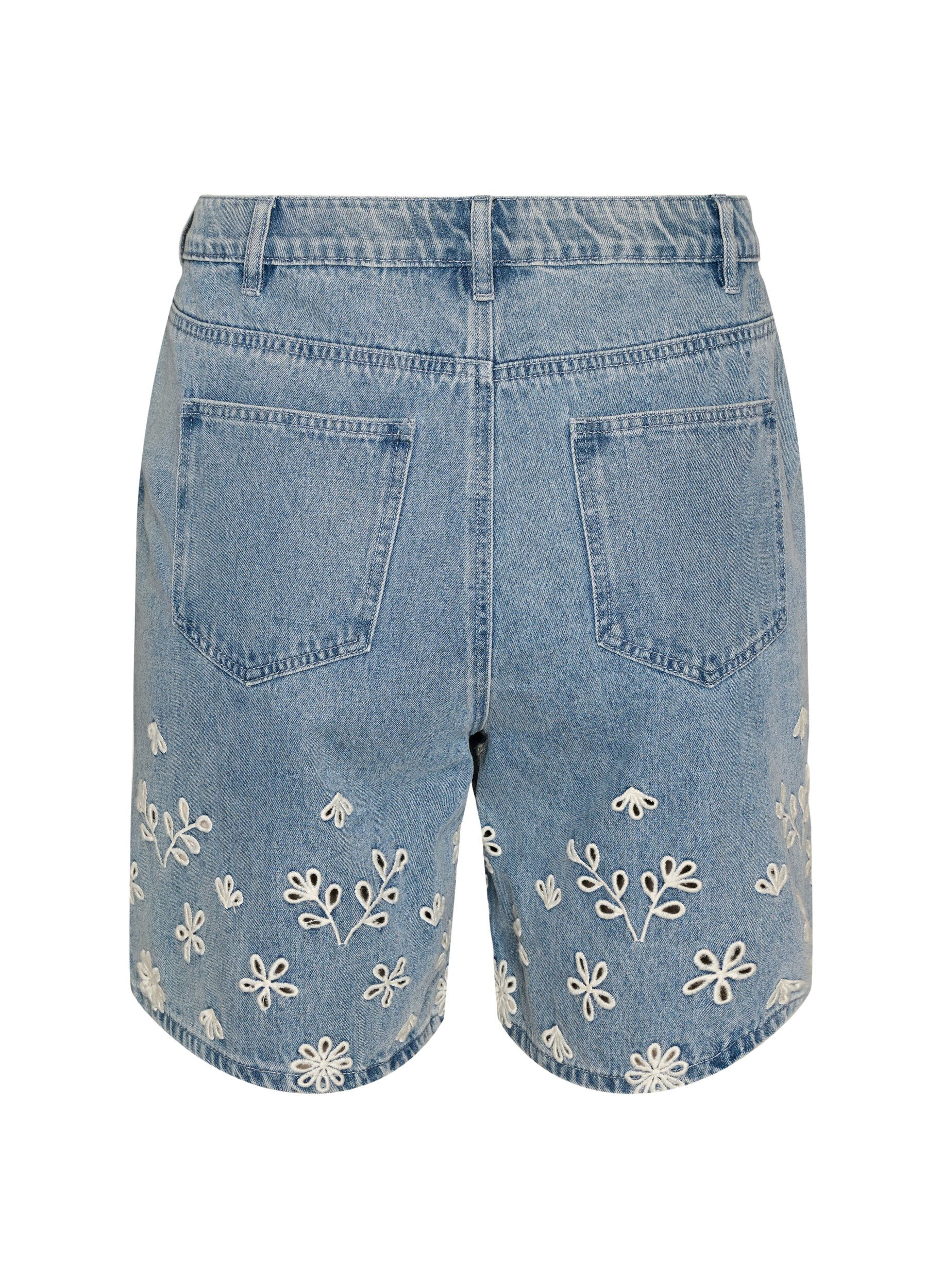 Zizzi Denim shorts met broderie anglaise en hoge taille, Blauw, Packshot image number 1