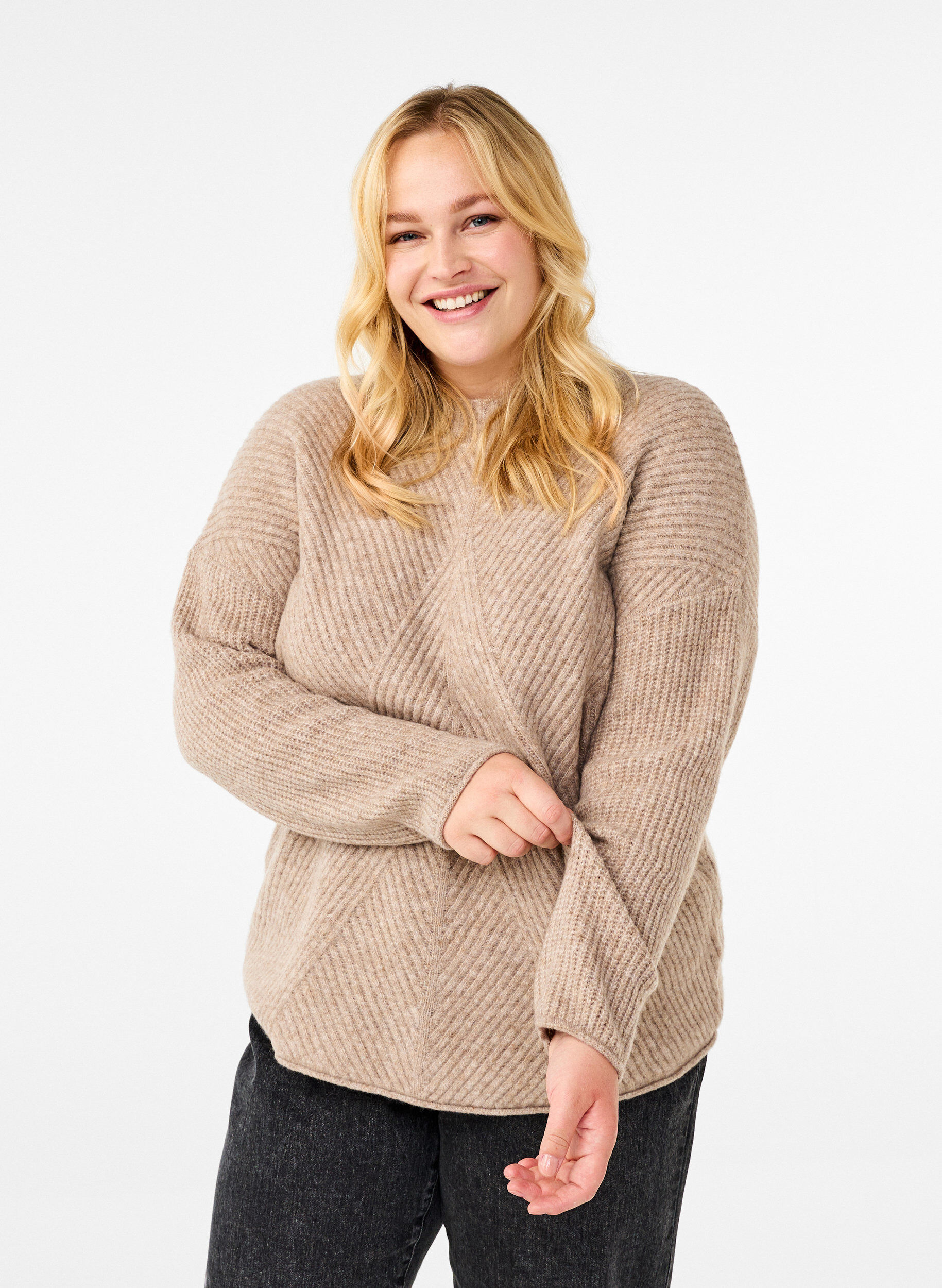 Zizzi Trui met een gestreept patroon en lange mouwen, Simply Taupe Mel., Model image number 0