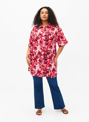 Lang shirt met all-over print, Pink AOP Flower, Model image number 2