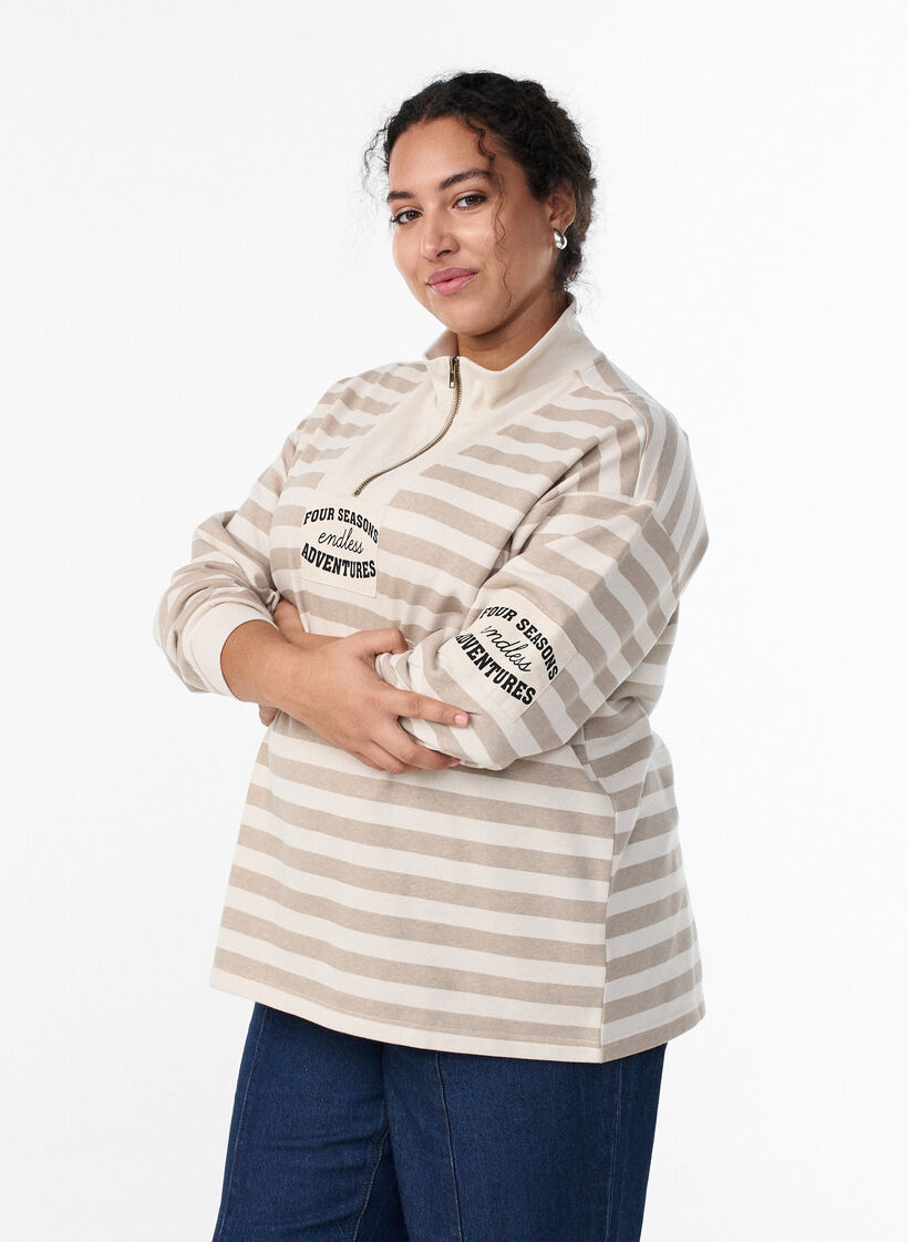 Gestreept sweatshirt met hoge col en ritssluiting, Beige, Model image number 0