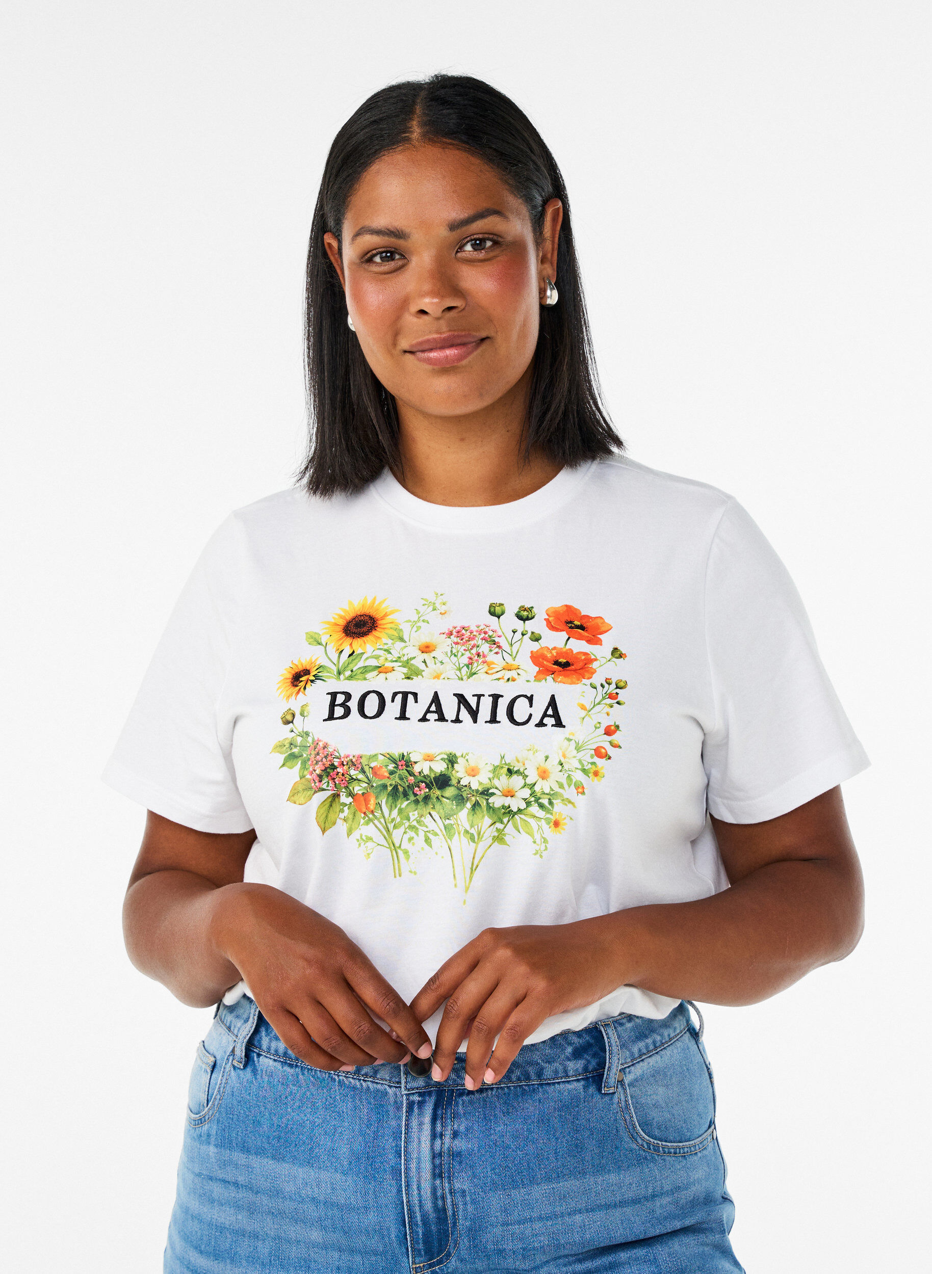 ZizziOrganisch katoenen T-shirt met print aan de voorkant, Wit, Model image number 0