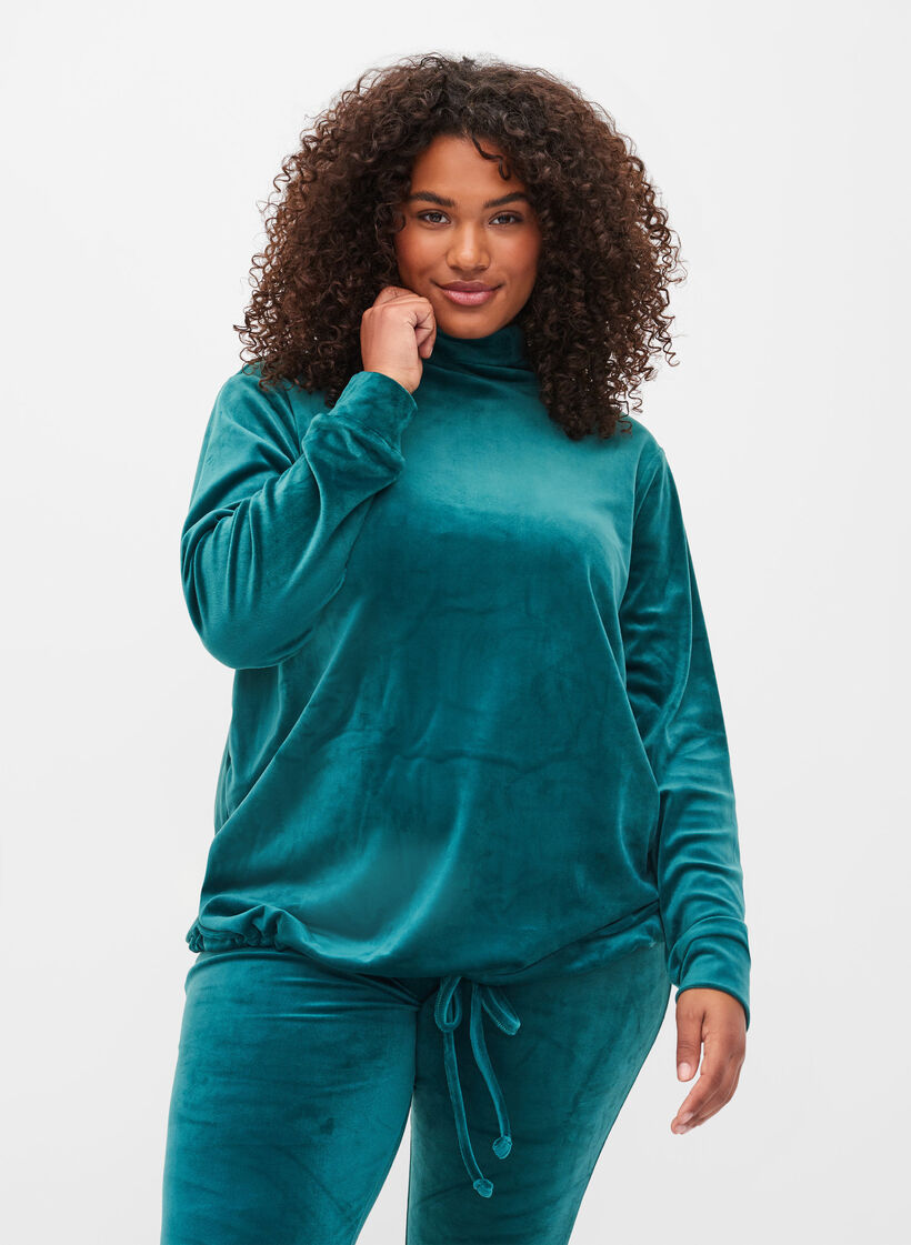 Velours blouse met hoge hals en kant, Ponderosa Pine, Model image number 0