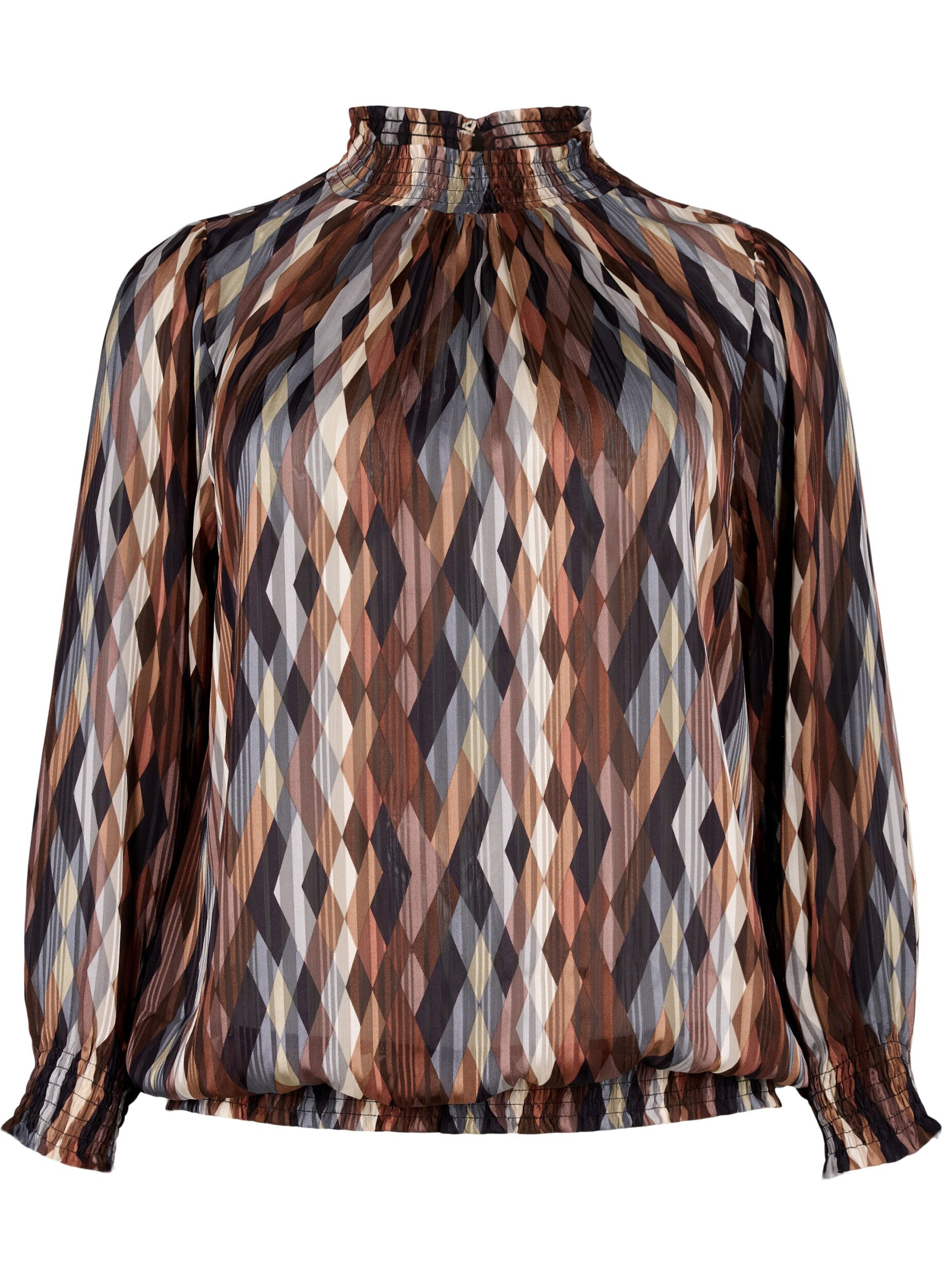 Zizzi Bedrukte blouse met smock, Earthy Zig Zag, Packshot image number 0