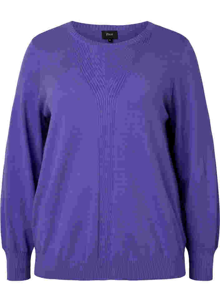 Effen gekleurde gebreide trui met ribdetails, Purple Opulence Mel., Packshot image number 0