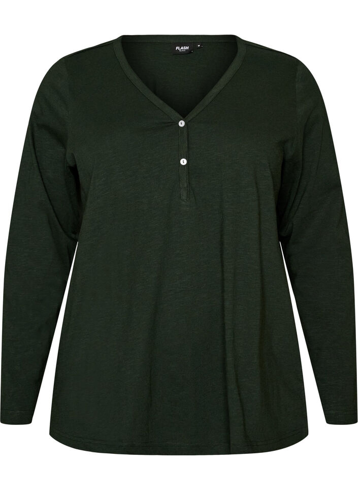 T-shirt met lange mouwen, V-hals en knopen, Groen, Packshot image number 0