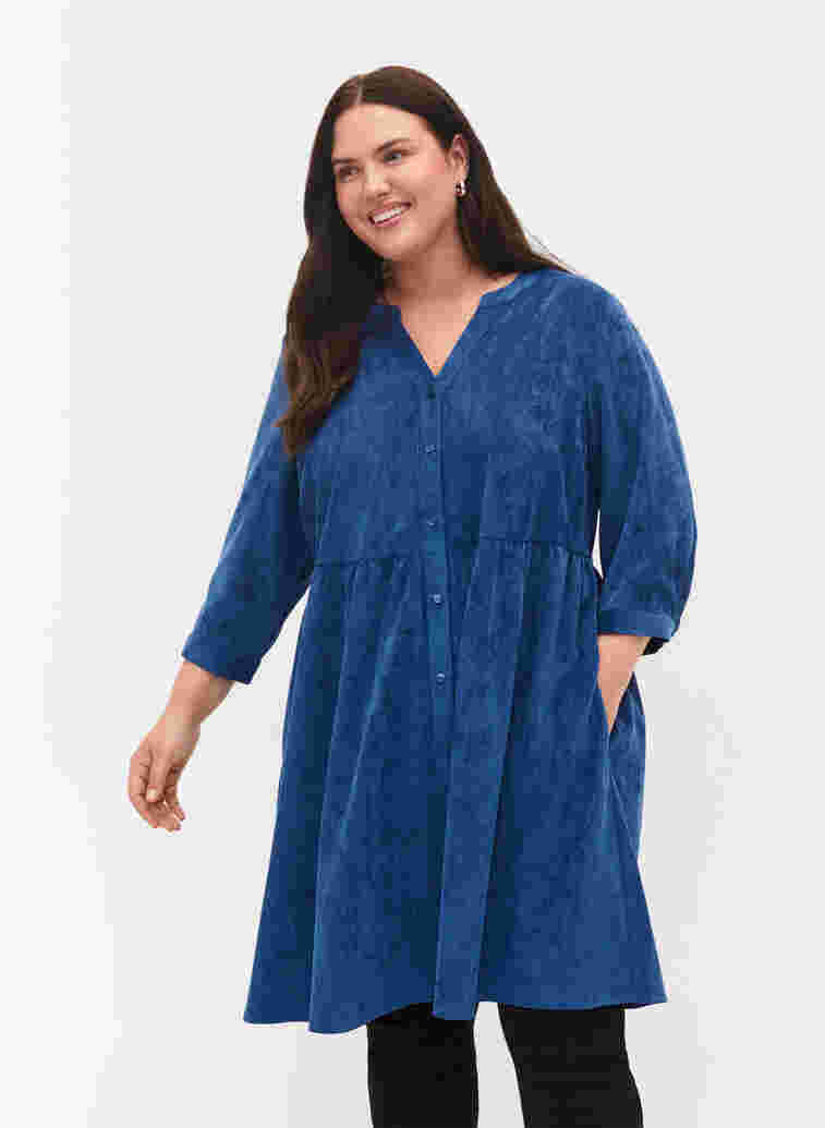Fluwelen jurk met 3/4-mouwen en knopen, Estate Blue, Model image number 0