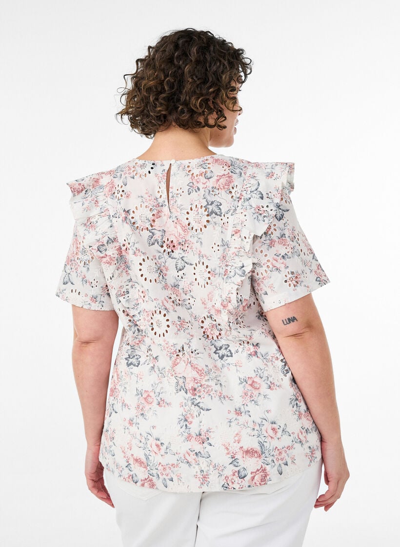 Katoenen blouse met broderie anglaise en ruches, Rood, Model image number 2