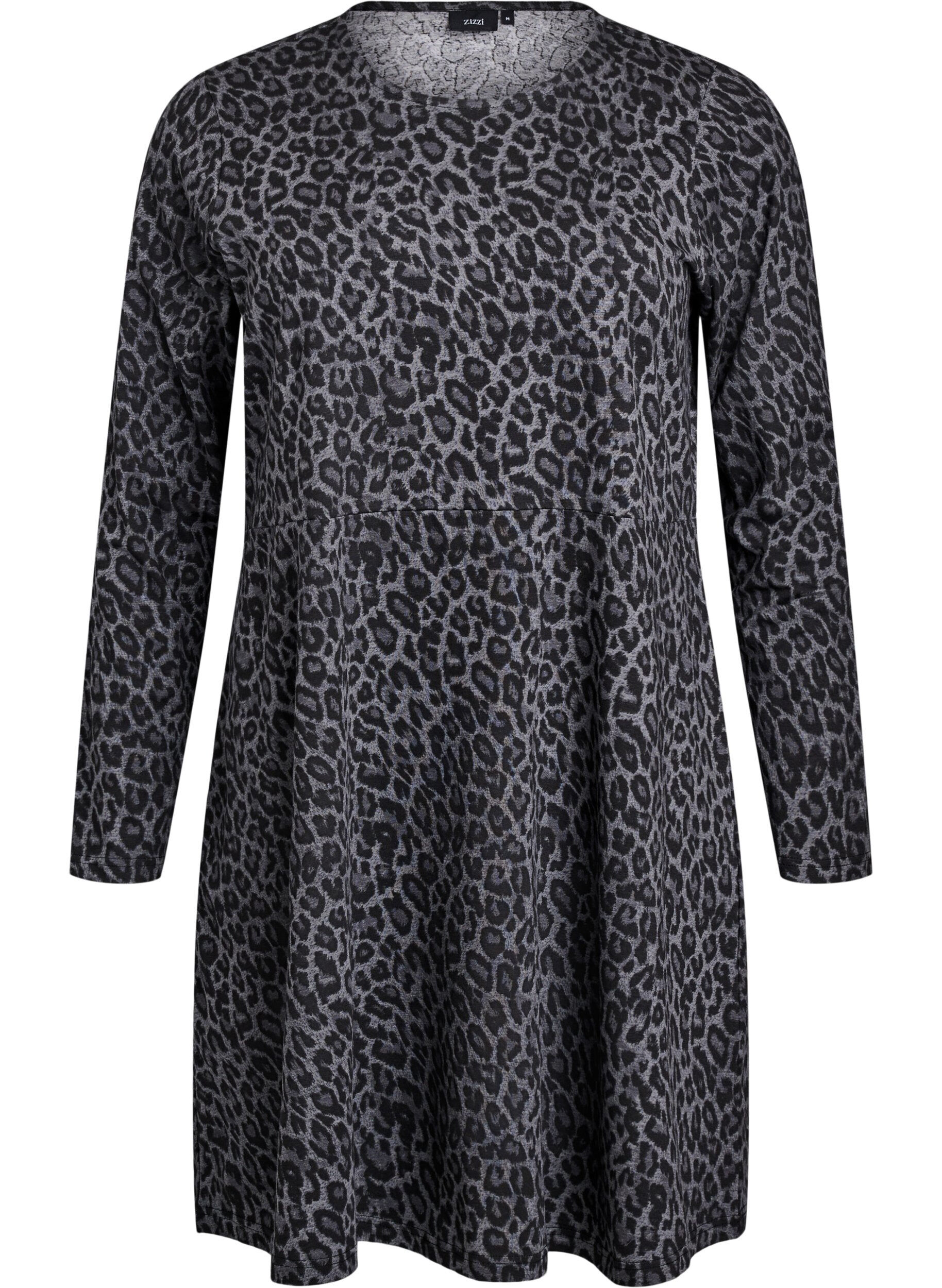 Zizzi Jurk met lange mouwen, ronde hals en luipaardprint, Dark Grey Leo, Packshot image number 0