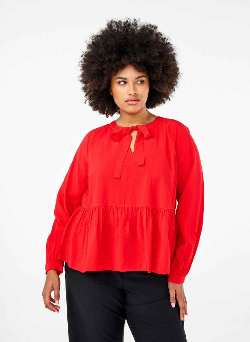 Blouse met strik en lange mouwen, Rood, Model image number 0