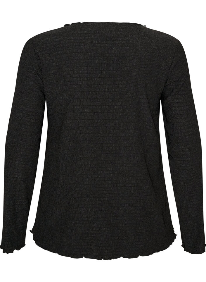 Blouse met structuur en golvende randen, Zwart, Packshot image number 1